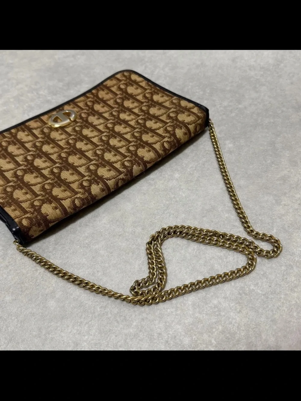 Dior Brown Logo Jacquard Crossbody with Gold Chain